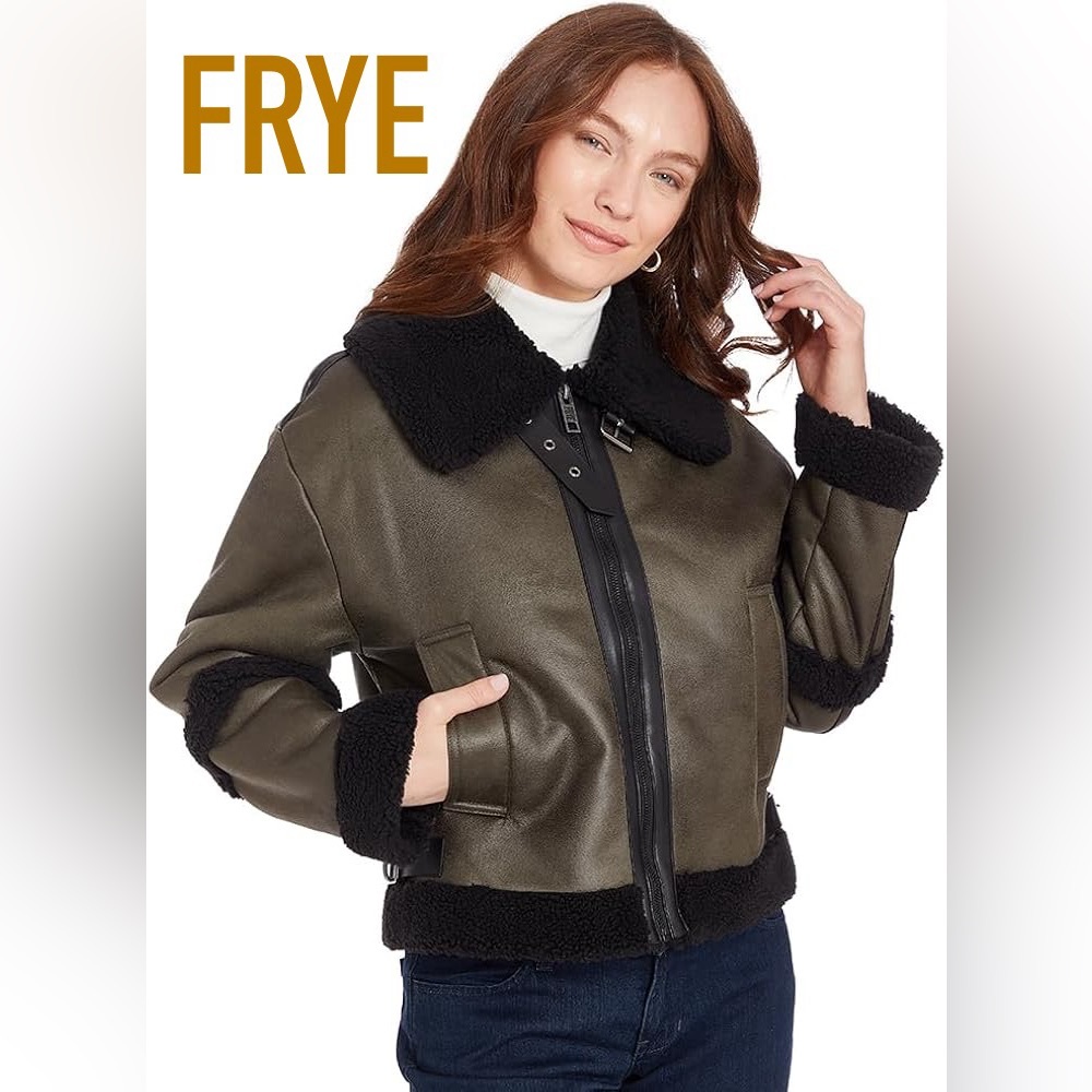 🆕 FRYE Olive Green Jacket with Black Shearling Trim 🆕